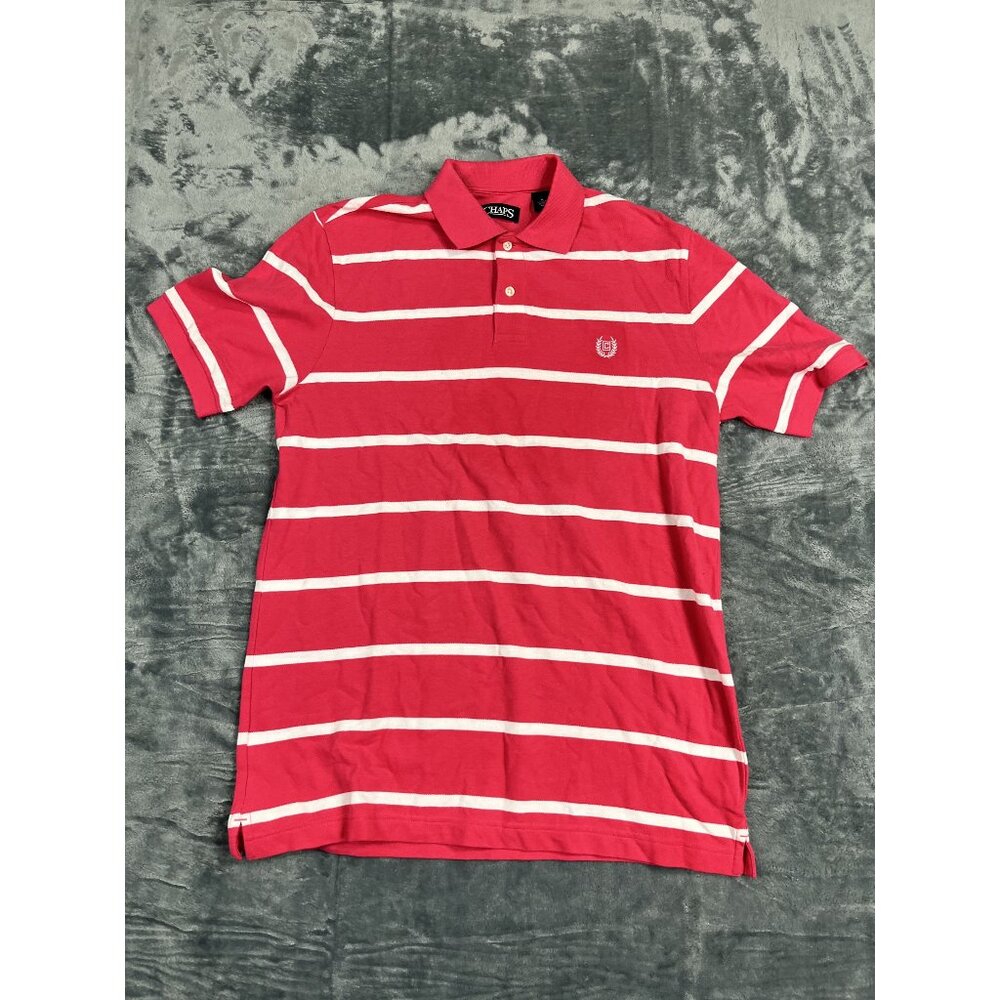 Chaps Mens Pink & White Striped Polo Shirt Medium Cotton Casual Style